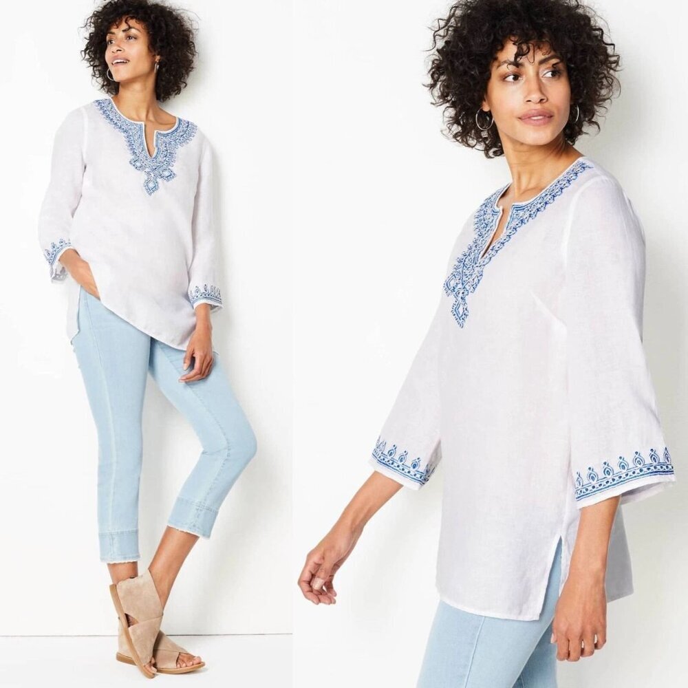 J. Jill White Tunic with Blue Embroidery